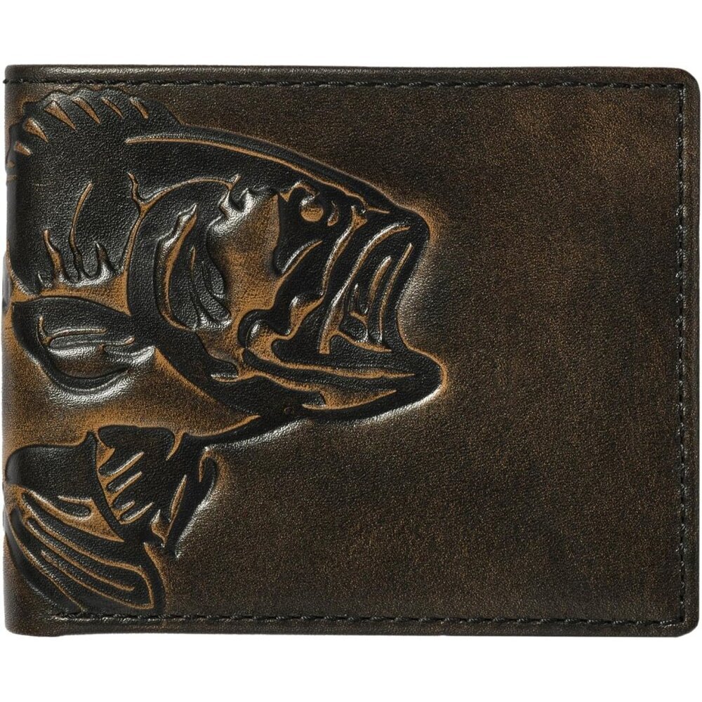 Men's Bass Double Id Bifold Black Grain premium Leather Fishing Wallet Card